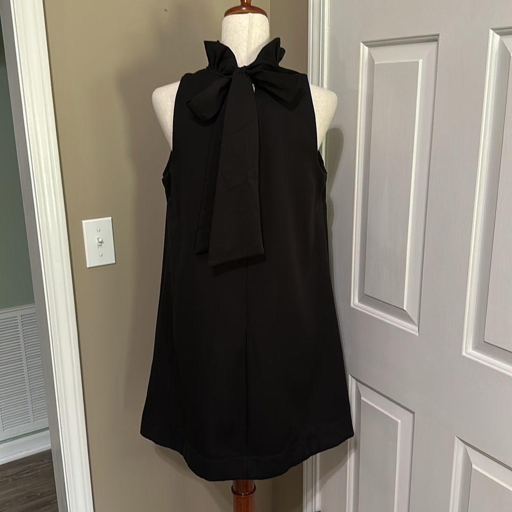Umgee Ruffle Neck A-line Sleeveless Mini Dress with Bow Tie in Black - Picture 4 of 8